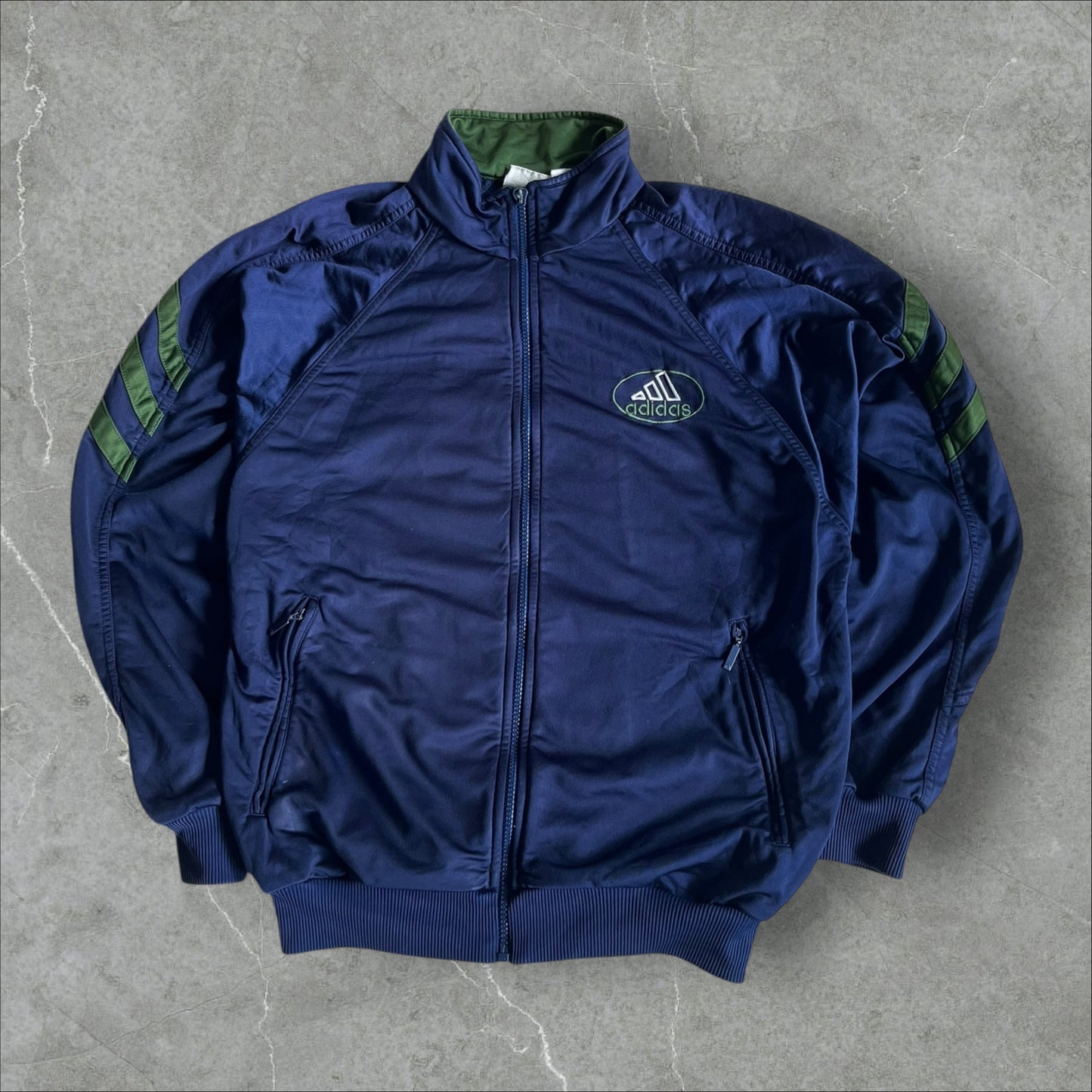 Adidas Track Jacket (navy/green, oval logo, back panel) — 1998–2002 (S)