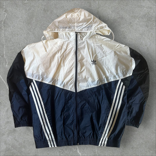 Vintage Adidas Originals Windbreaker Jacket Trefoil Navy White Colorblock 3-Stripe - 1990-1994 (L)