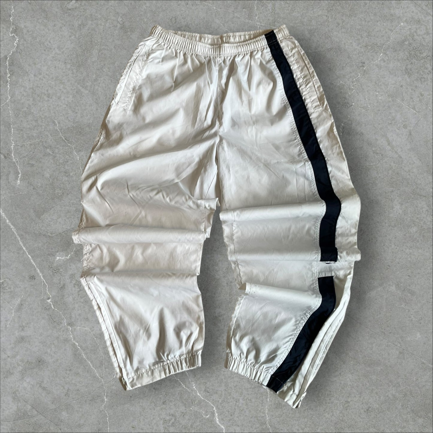 Vintage Nylon Track Pants (ivory/black side stripe) — 1998–2003 (M)