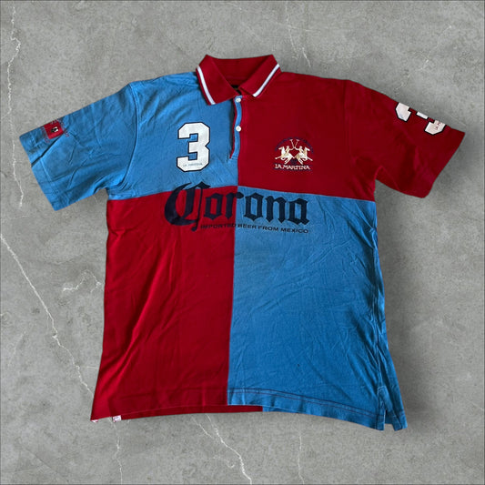 La Martina “Corona” Polo #3 (quartered red/blue) — 2008–2013 (L)