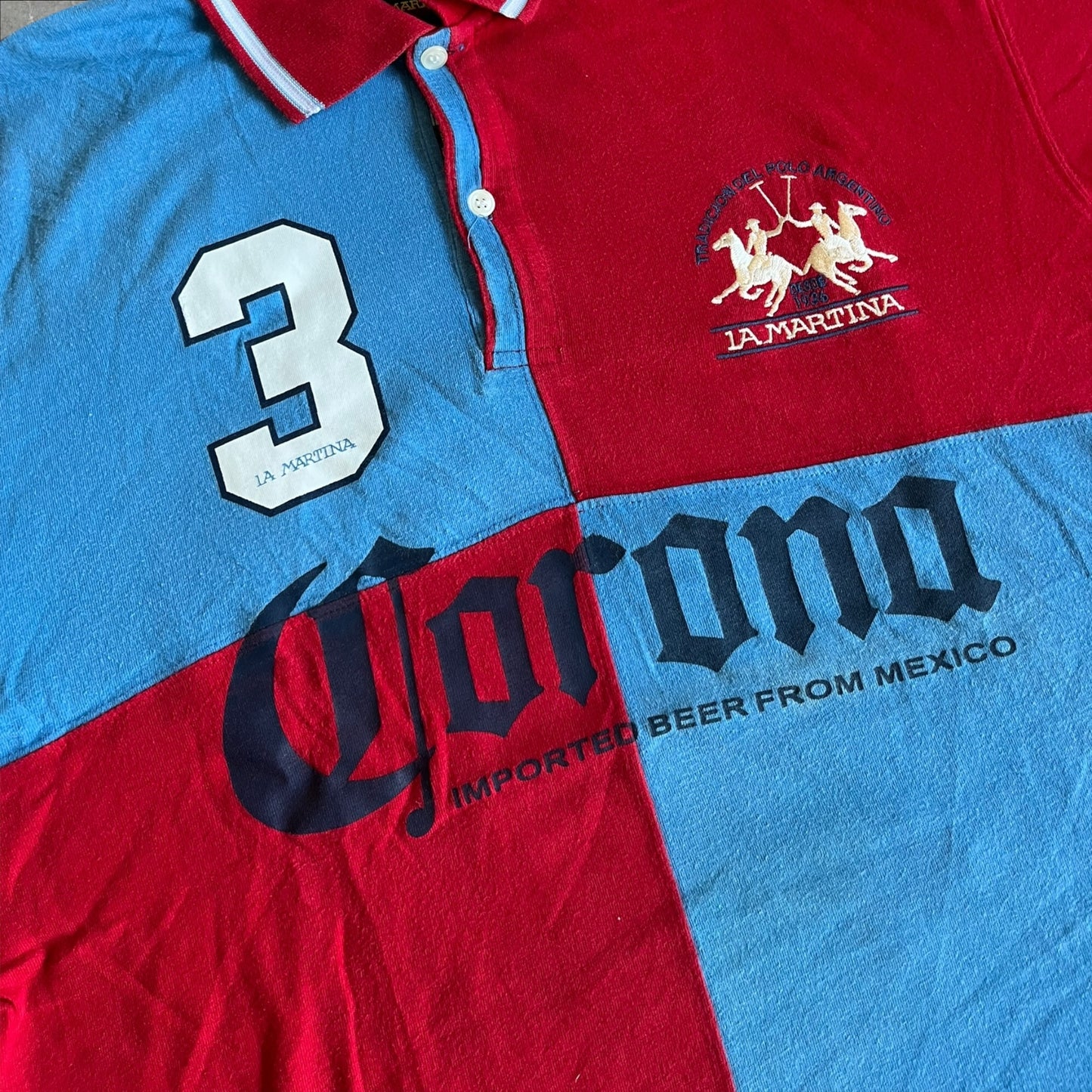 La Martina “Corona” Polo #3 (quartered red/blue) — 2008–2013 (L)