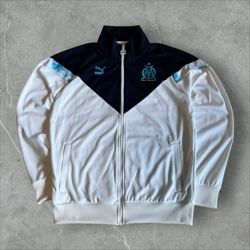 OM Marseille Puma Track Jacket (white/navy chevron) — 2018–2020 (M)