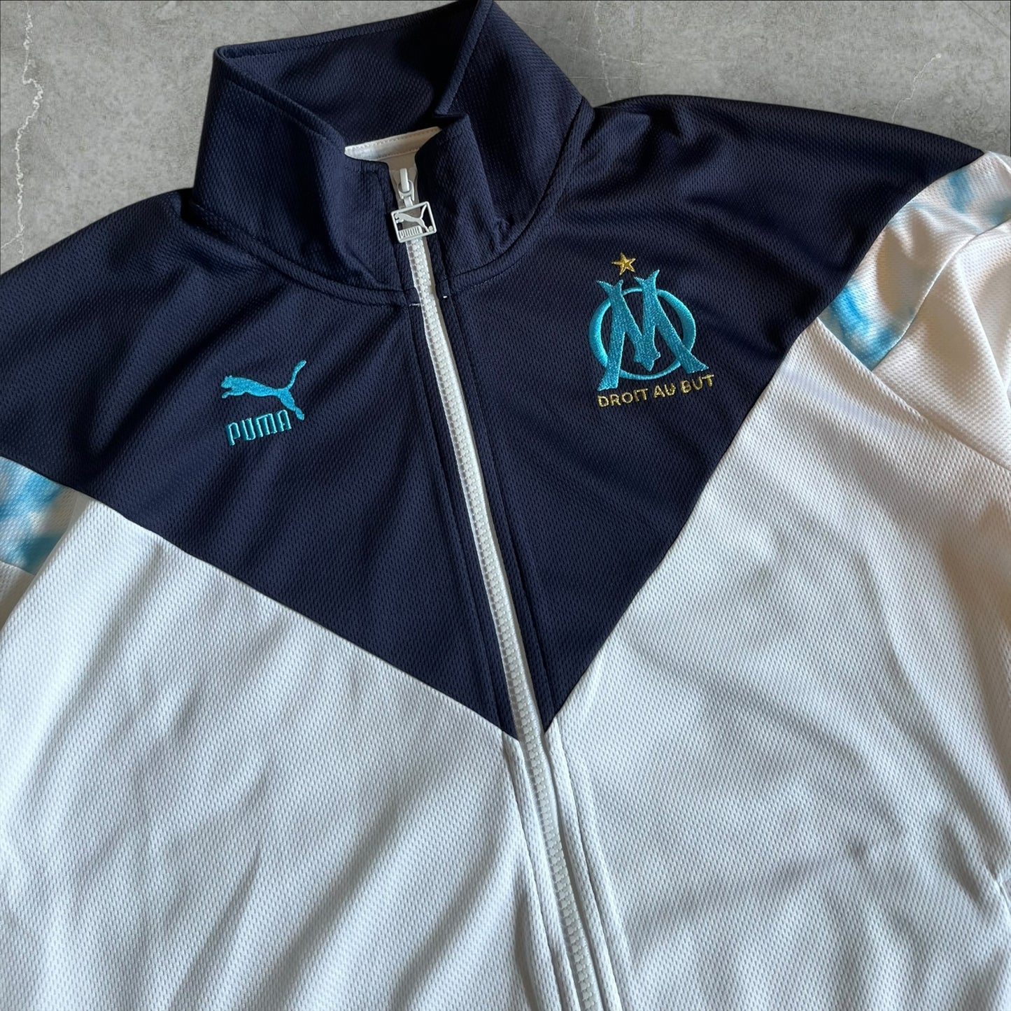 OM Marseille Puma Track Jacket (white/navy chevron) — 2018–2020 (M)