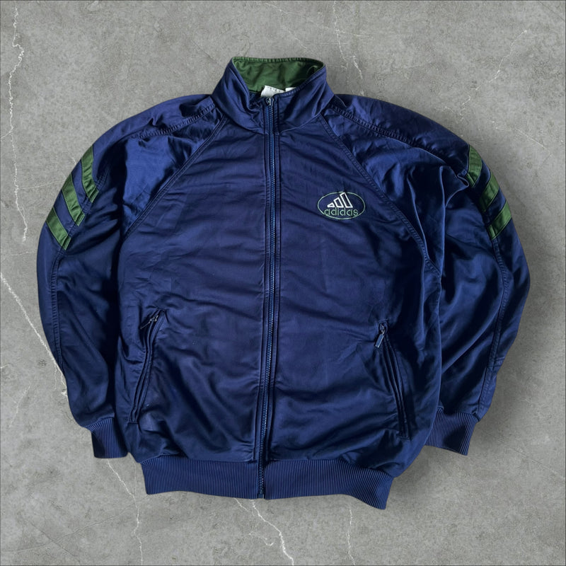 Adidas Track Jacket (navy/green, oval logo, back panel) — 1998–2002 (S)