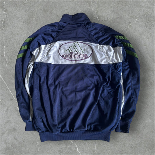 Adidas Track Jacket (navy/green, oval logo, back panel) — 1998–2002 (S)
