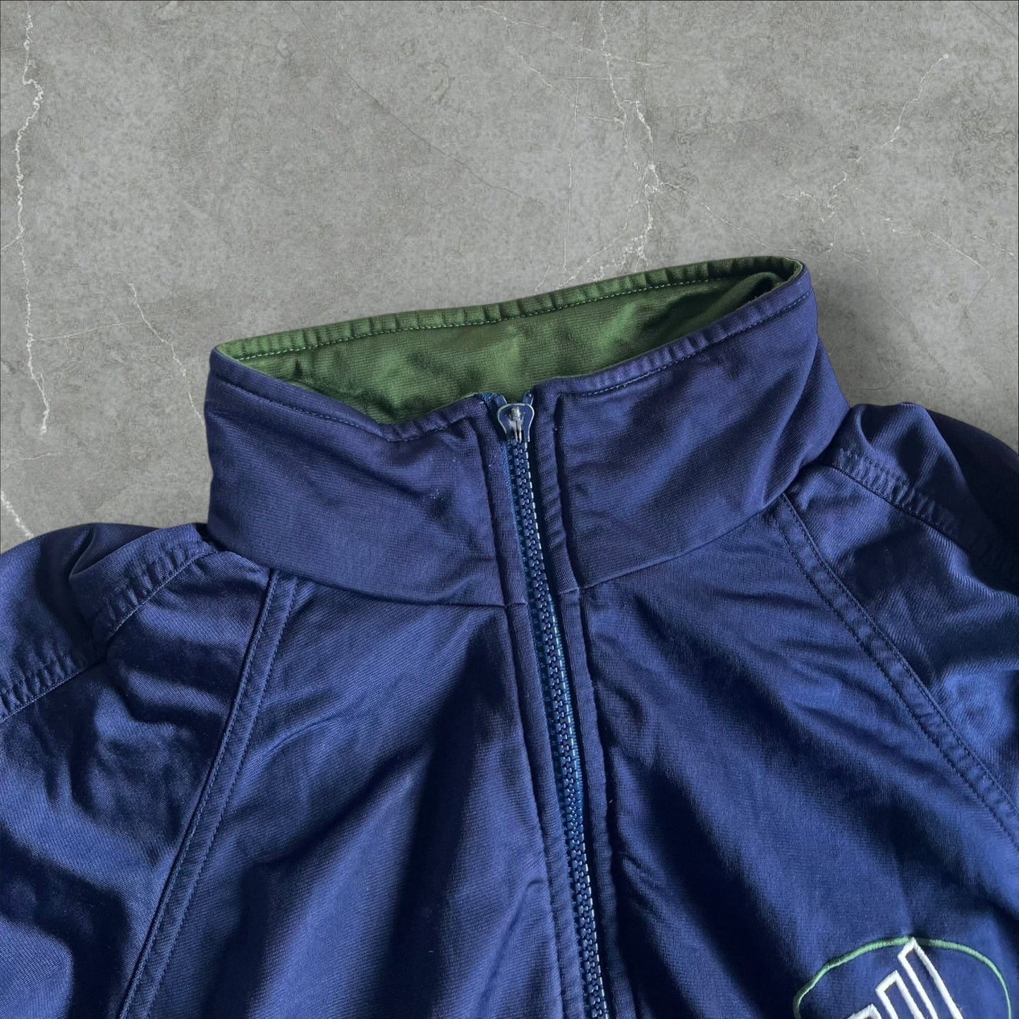 Adidas Track Jacket (navy/green, oval logo, back panel) — 1998–2002 (S)
