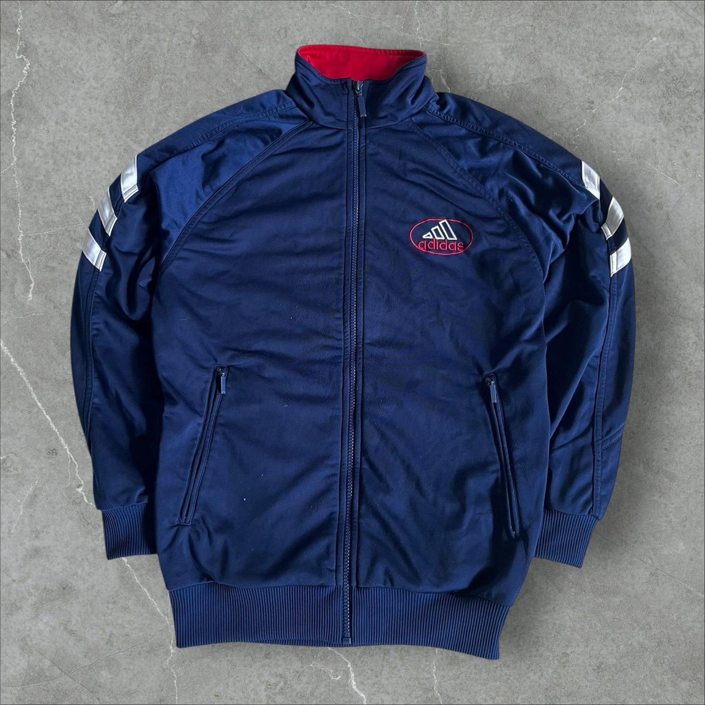 Adidas Track Jacket (navy/red, silver 3-Stripes, oval logo) — 1999–2003 (S)