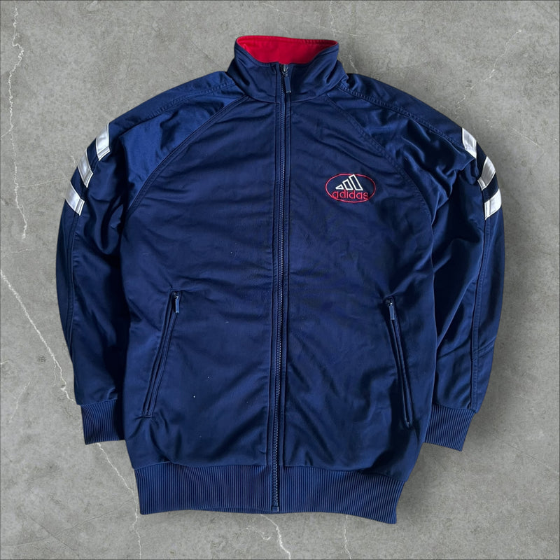 Adidas Track Jacket (navy/red, silver 3-Stripes, oval logo) — 1999–2003 (S)