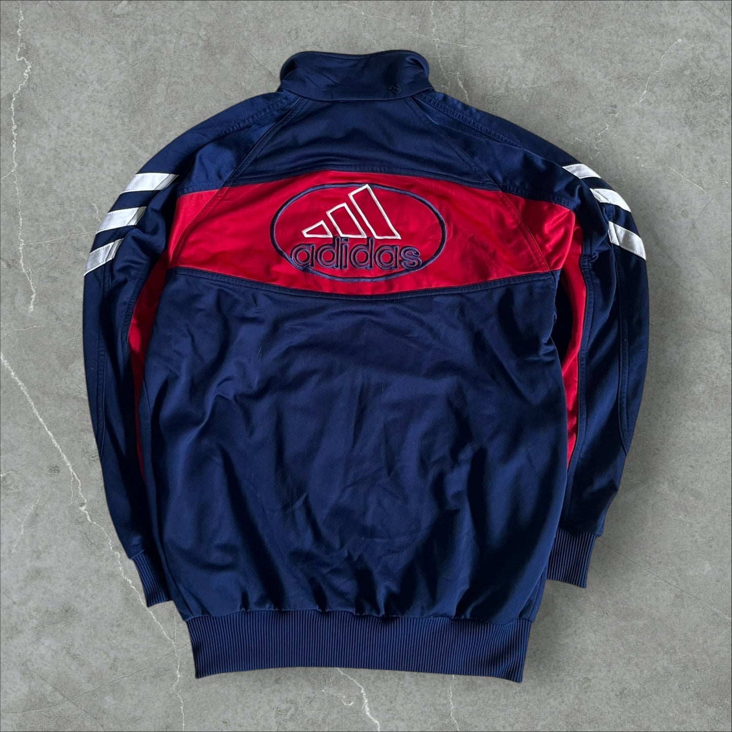 Adidas Track Jacket (navy/red, silver 3-Stripes, oval logo) — 1999–2003 (S)