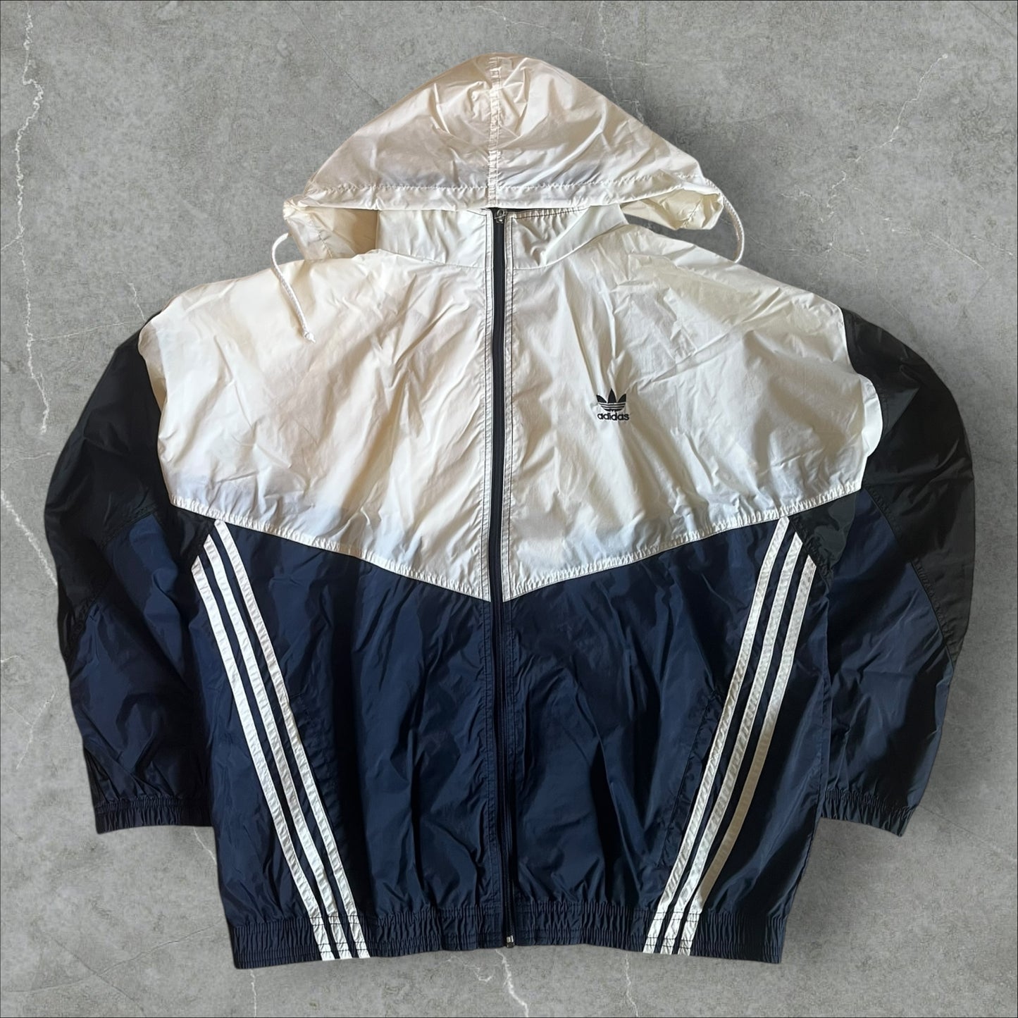 Vintage Adidas Originals Windbreaker Jacket Trefoil Navy White Colorblock 3-Stripe - 1990-1994 (L)